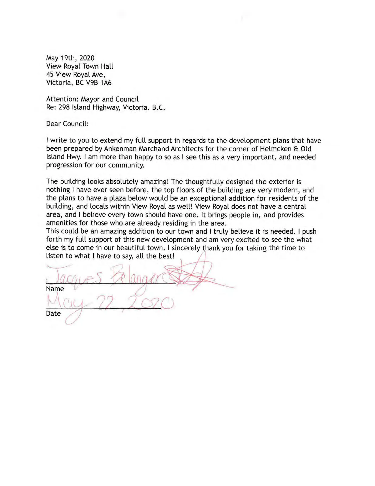 Letter of support from Jacques Belanger