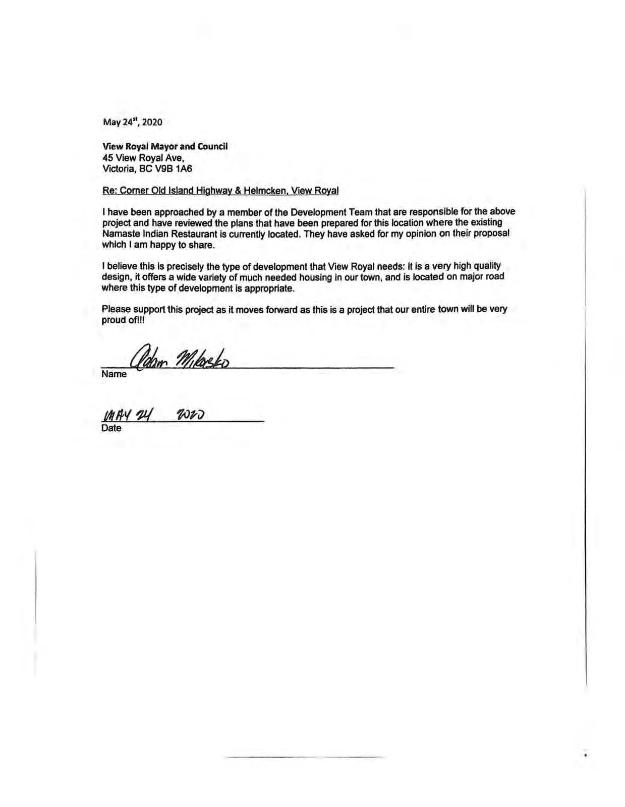 Letter of support from Adam Mikasko
