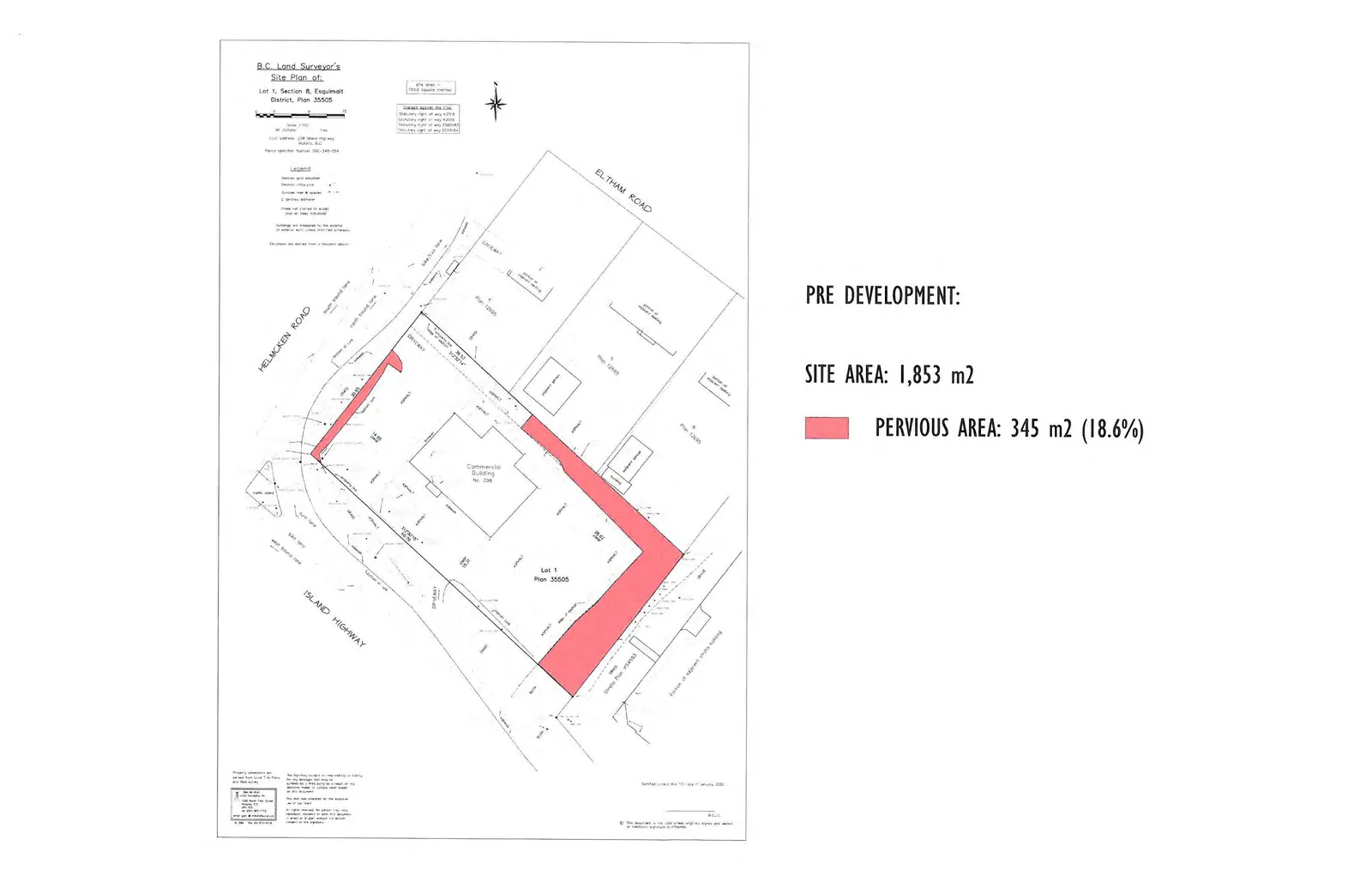 Pre-development site plan showing 18.6% pervious area (345 m2)