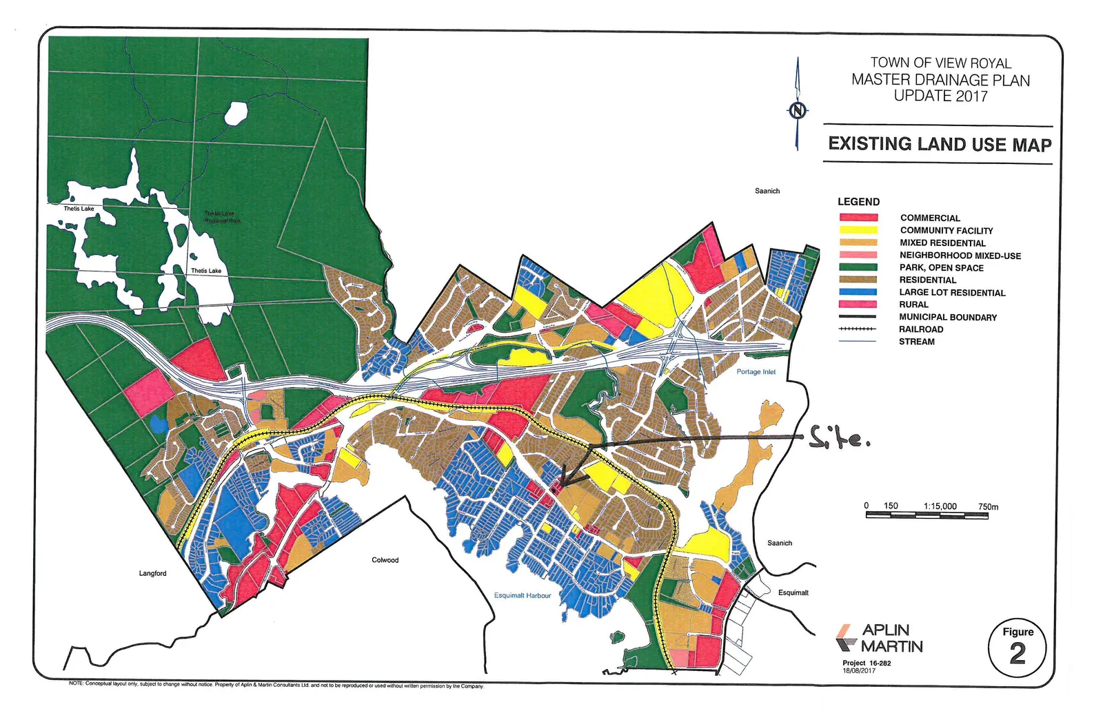 Existing Land Use Map for the Town of View Royal Master Drainage Plan Update 2017 with the project site highlighted