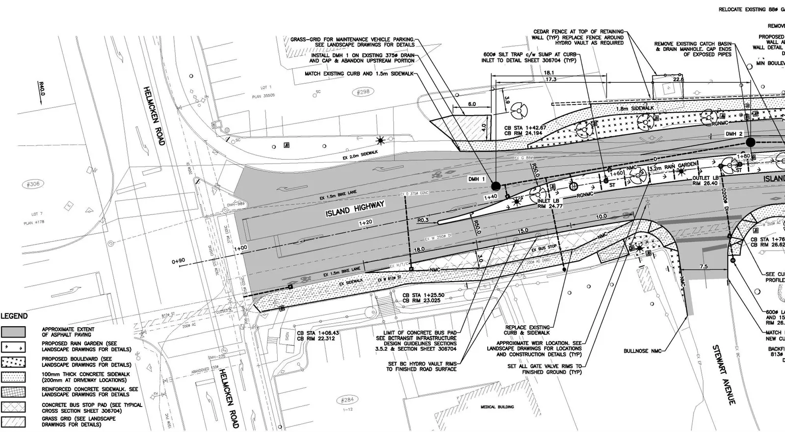 Detailed engineering site plan for Island Highway improvements, including bus stops, rain gardens, and sidewalk modifications