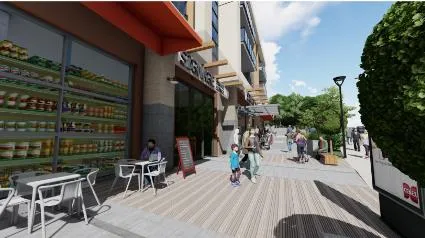 Rendering of the pedestrian sidewalk and plaza adjacent to the retail space