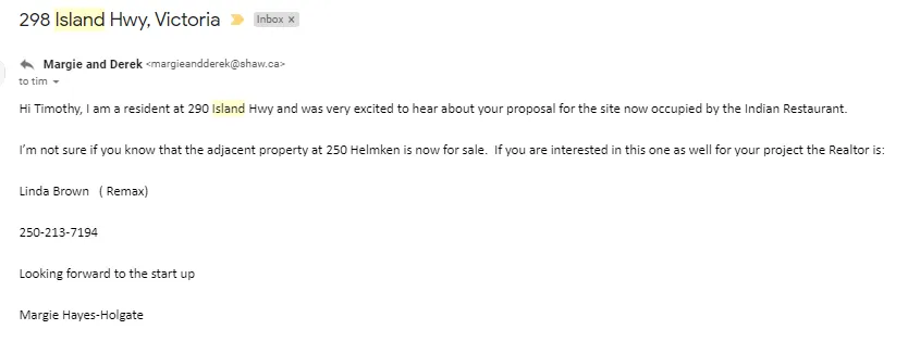 Screenshot of an email from Margie Hayes-Holgate expressing interest in the proposal