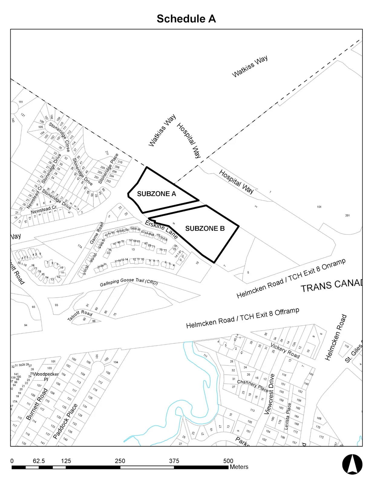 Map showing Subzone A and Subzone B located between Watkiss Way, Hospital Way, and Erskine Lane, with surrounding residential streets, Galloping Goose Trail (CRD), and Trans Canada highway ramps.