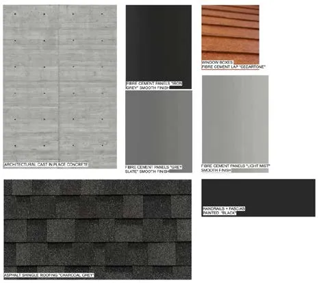 Material board collage including concrete, fibre cement panels, wood-look siding, and roofing samples