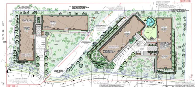 Site plan for the current proposal showing tree retention and landscaping
