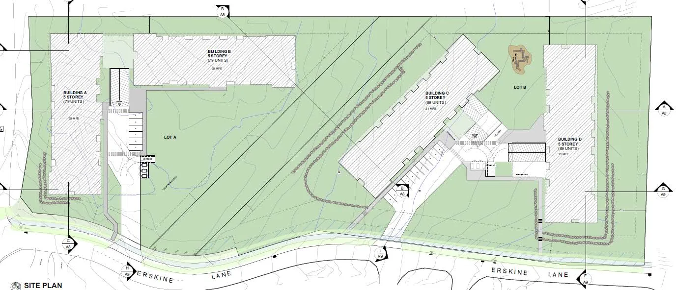 Detailed site plan of the proposed development showing buildings A, B, C, and D