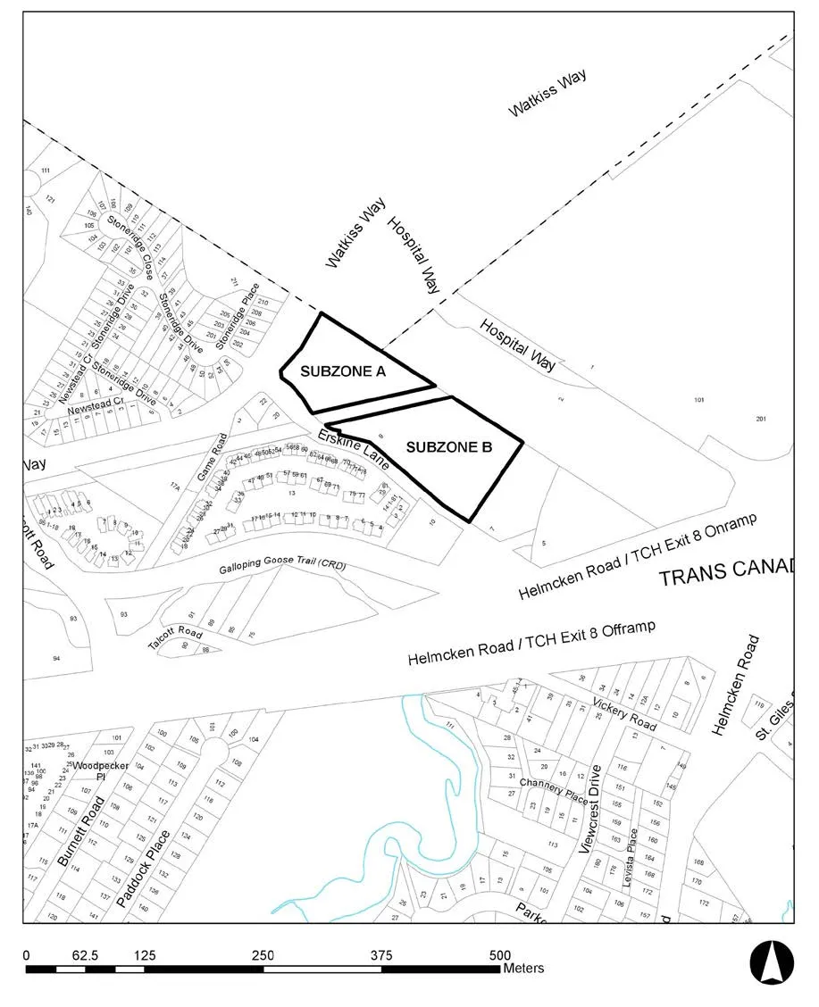 Map of property at 9 Erskine Lane showing the boundaries of Subzone A and Subzone B relative to Watkiss Way, Hospital Way, and Helmcken Road