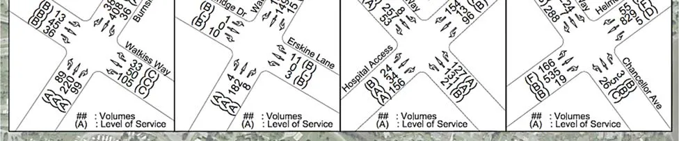 Existing 2018 Intersection Volumes and LOS – AM Peak Hour diagrams