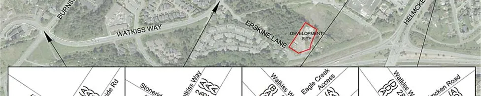 Aerial map showing Erskine Lane, development site, and Victoria General Hospital area for PM peak hour