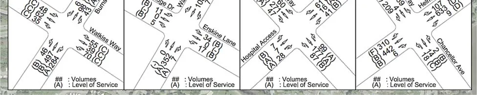 Existing 2018 Intersection Volumes and LOS – PM Peak Hour diagrams