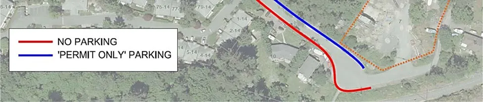 Legend for parking restrictions and map of eastern section of Erskine Lane