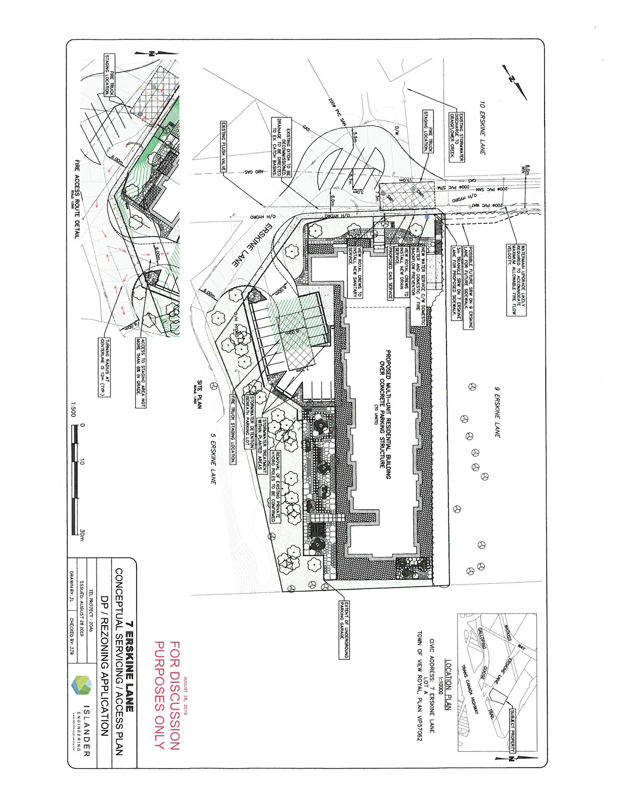 Conceptual Servicing / Access Plan for 7 Erskine Lane, including a location plan, site plan with utility and building details, and fire access route detail.