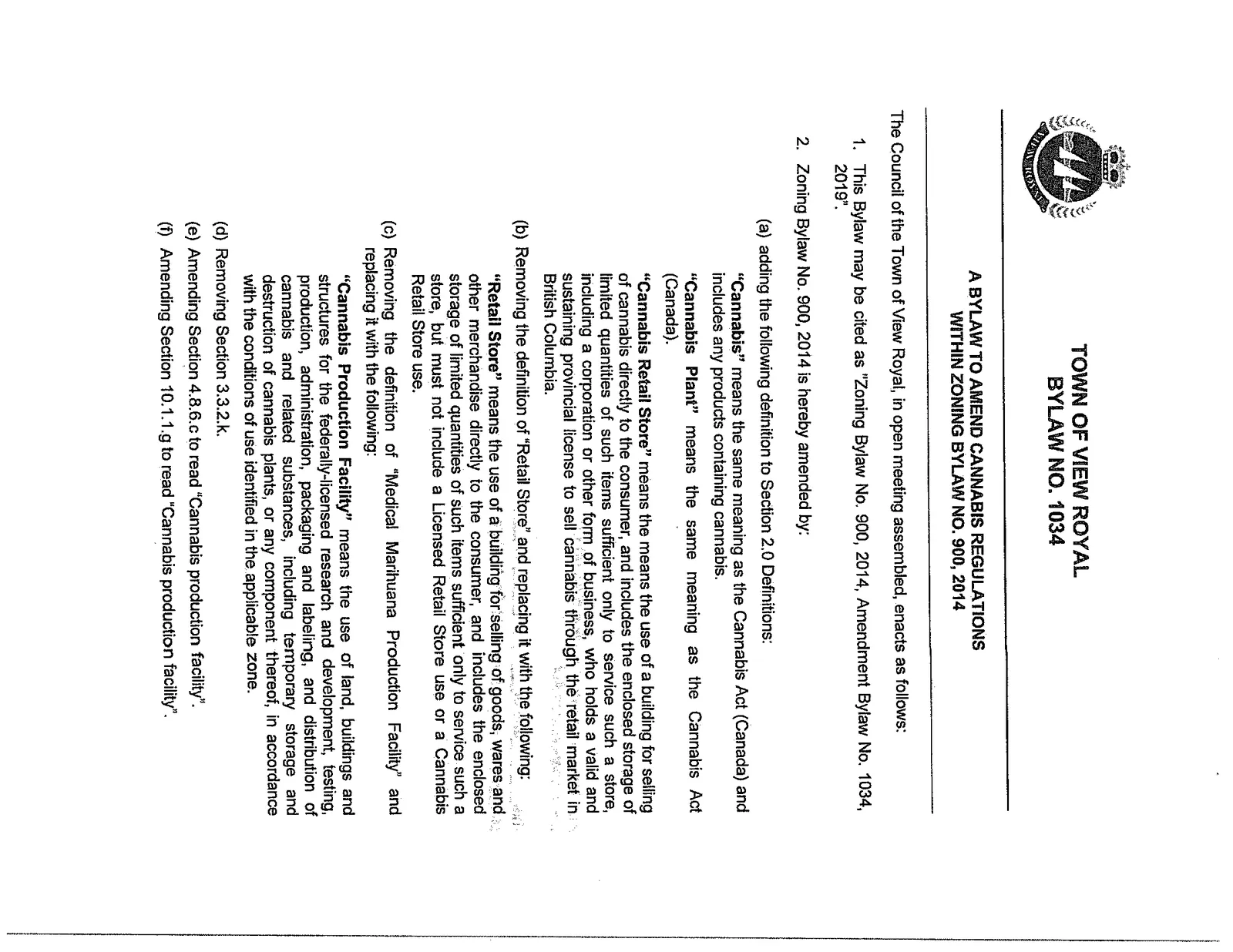 Text of Bylaw No. 1034 providing definitions and amendments to Zoning Bylaw No. 900, 2014