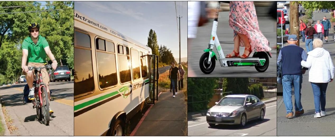 Collage of various transportation modes including cycling, transit, scootering, driving, and walking