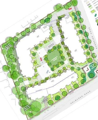 Architectural site plan rendering showing building footprints and landscaping