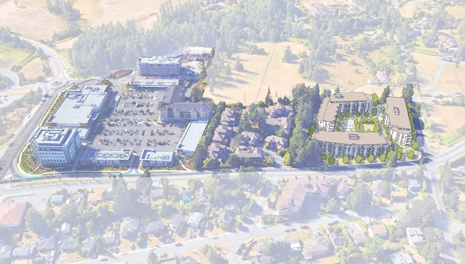 Aerial bird's eye view rendering of the development site and surrounding neighborhood, looking west