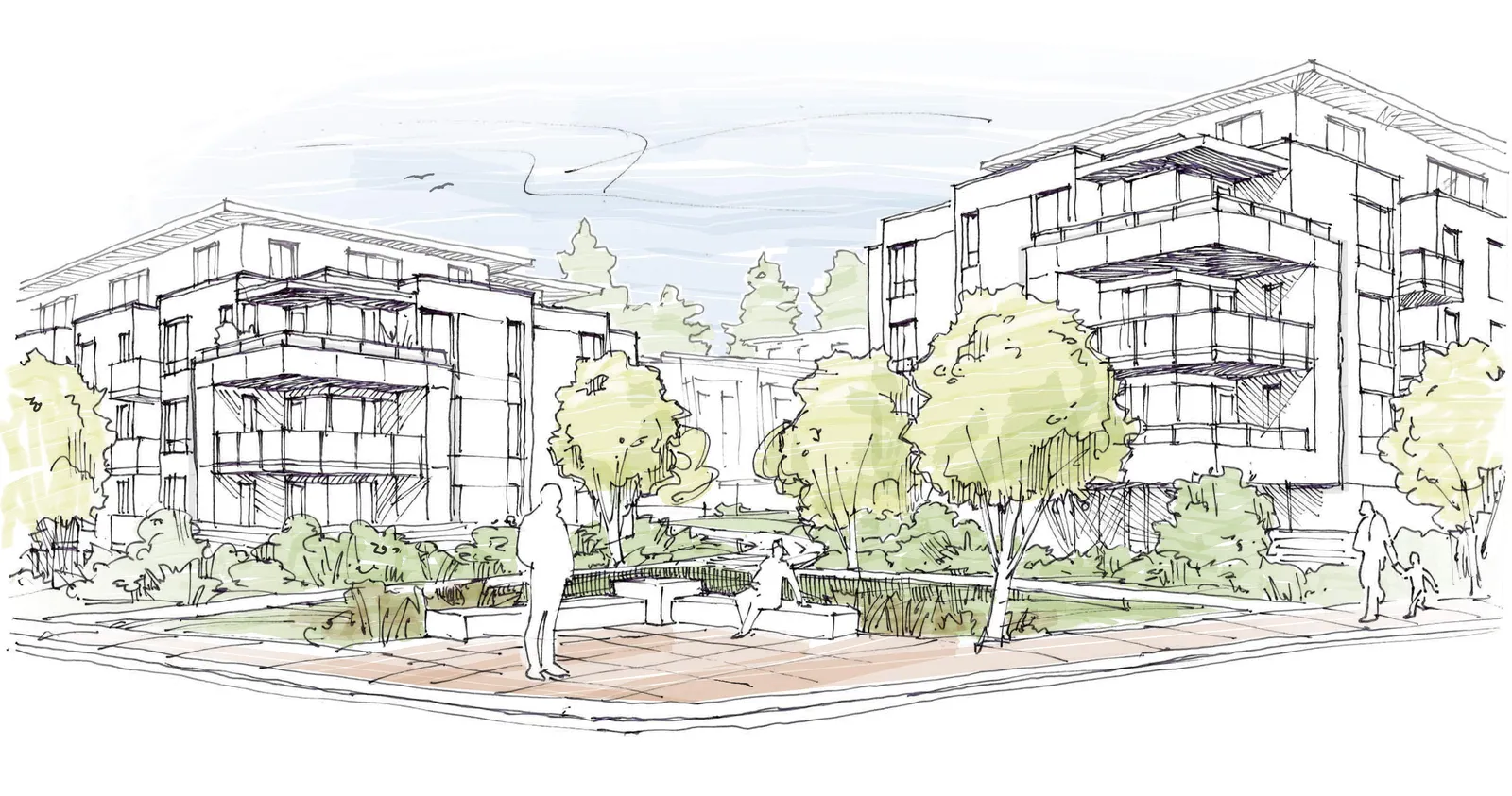Artistic perspective sketch of the residential buildings and a central landscaped courtyard area with people