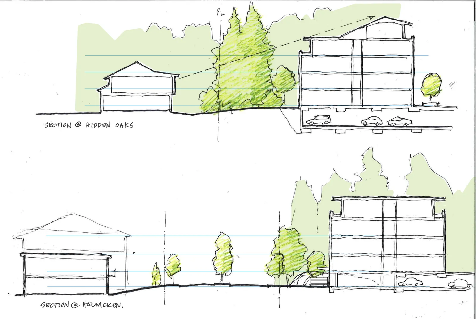 Architectural hand-drawn cross-sections titled "SECTION @ HIDDEN OAKS" and "SECTION @ HELMCKEN" showing building profiles and landscape