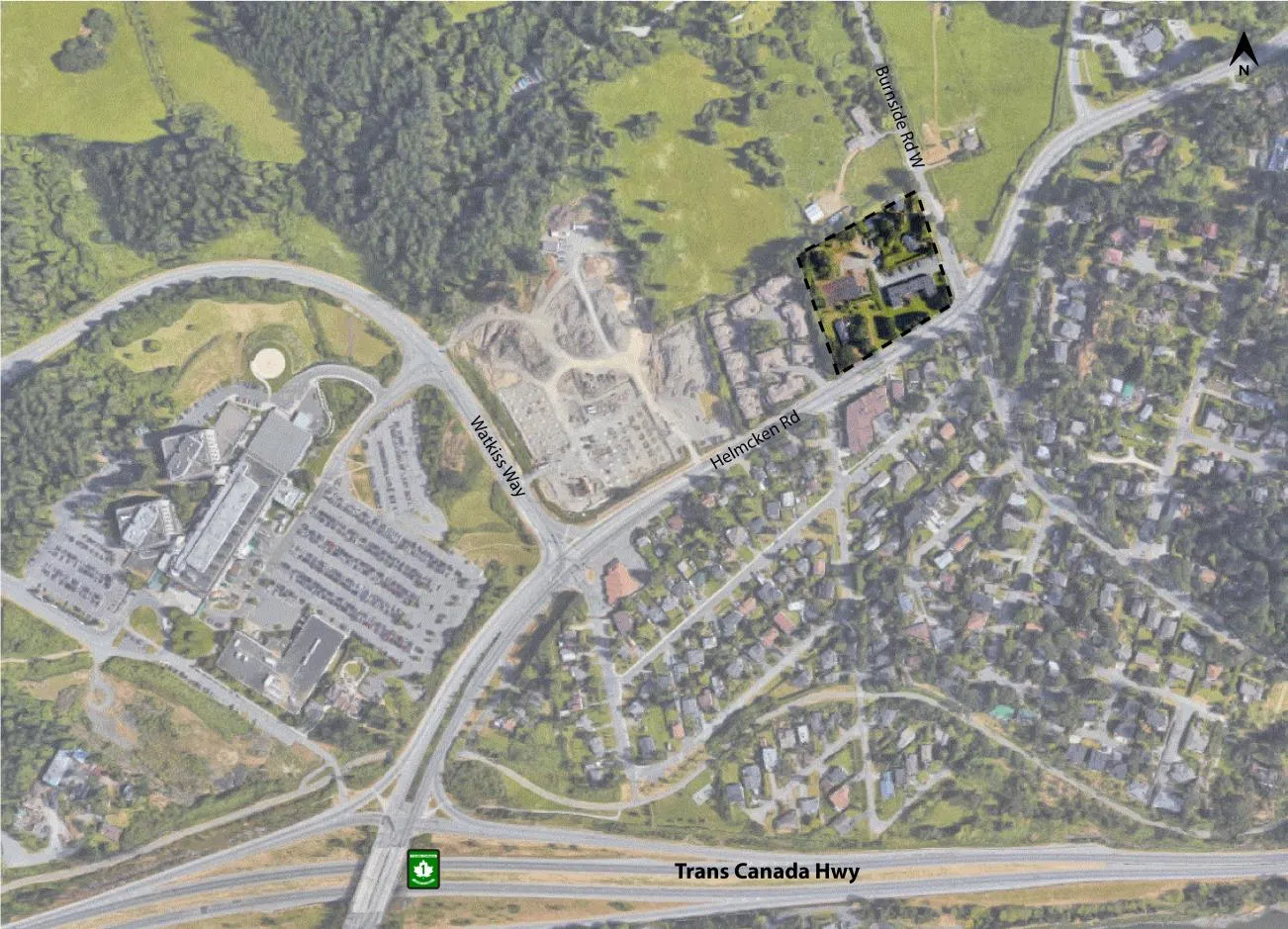 Aerial map showing the subject site located at the northwest corner of the intersection of Burnside Road and Helmcken Road, with proximity to the Trans Canada Highway and Victoria General Hospital area indicated.
