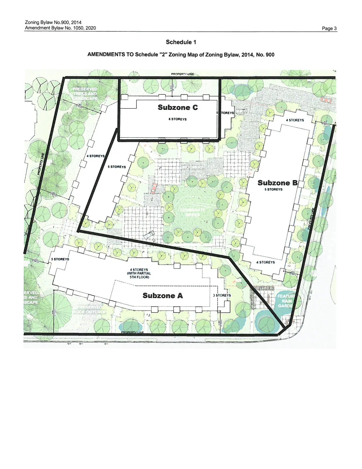 Site plan map showing the layout of Subzones A, B, and C with building storeys, property lines, setbacks, and landscape features including a community green, woonerf, and preserved tree areas.
