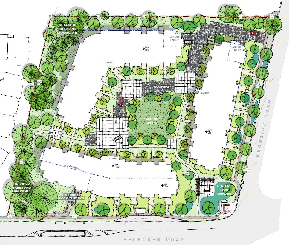 Detailed site plan layout showing building footprints, central community green, woonerf, parkade entries, and landscaping including a feature rain garden and retained trees bordering Helmcken Road and Burnside Road.