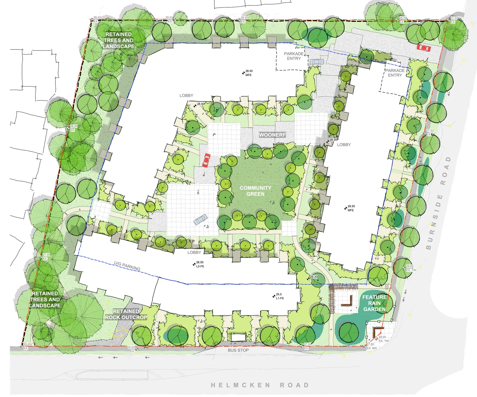 Landscape and site plan showing the proposed development with three sub-zones, building footprints, a community green, and a woonerf.
