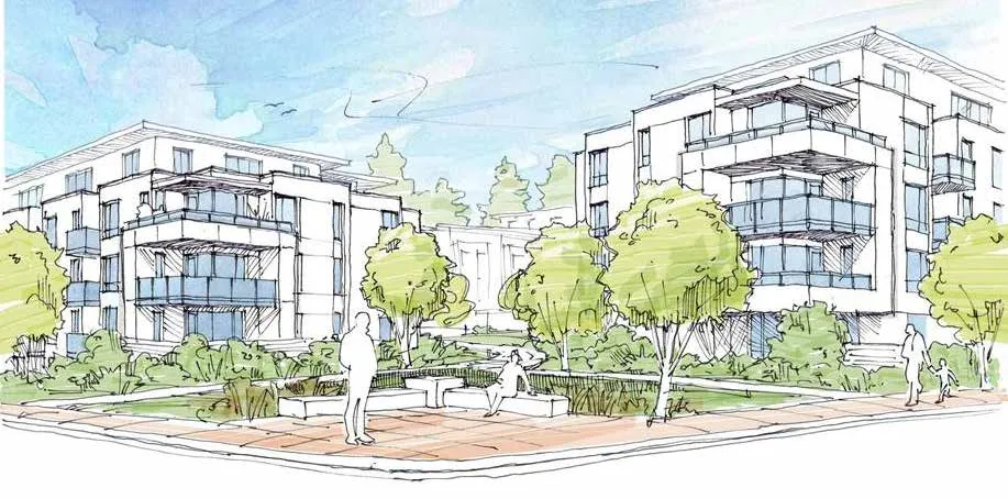 Architectural rendering showing multi-story residential buildings with balconies, landscaped grounds, and a central courtyard area