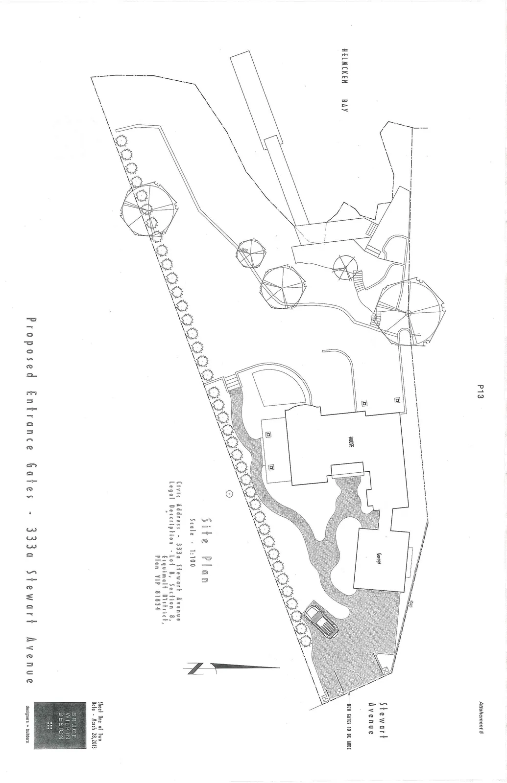 Site plan for 333a Stewart Avenue showing the property layout, including the house, garage, driveway, and proposed new entrance gates off Stewart Avenue, with Helmcken Bay located at the rear of the property.