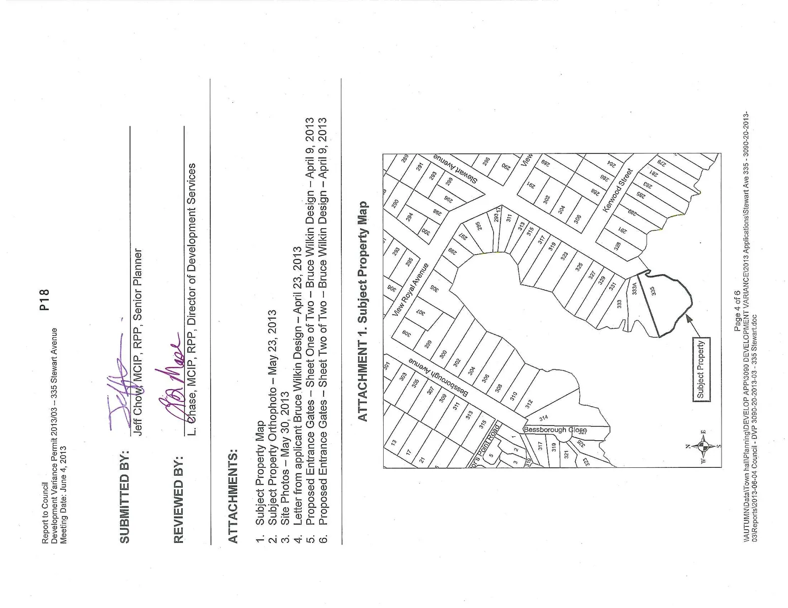 A property map showing street layouts for View Royal Avenue, Stewart Avenue, Bessborough Avenue, and Kerwood Street, with lot 335 identified as the Subject Property.