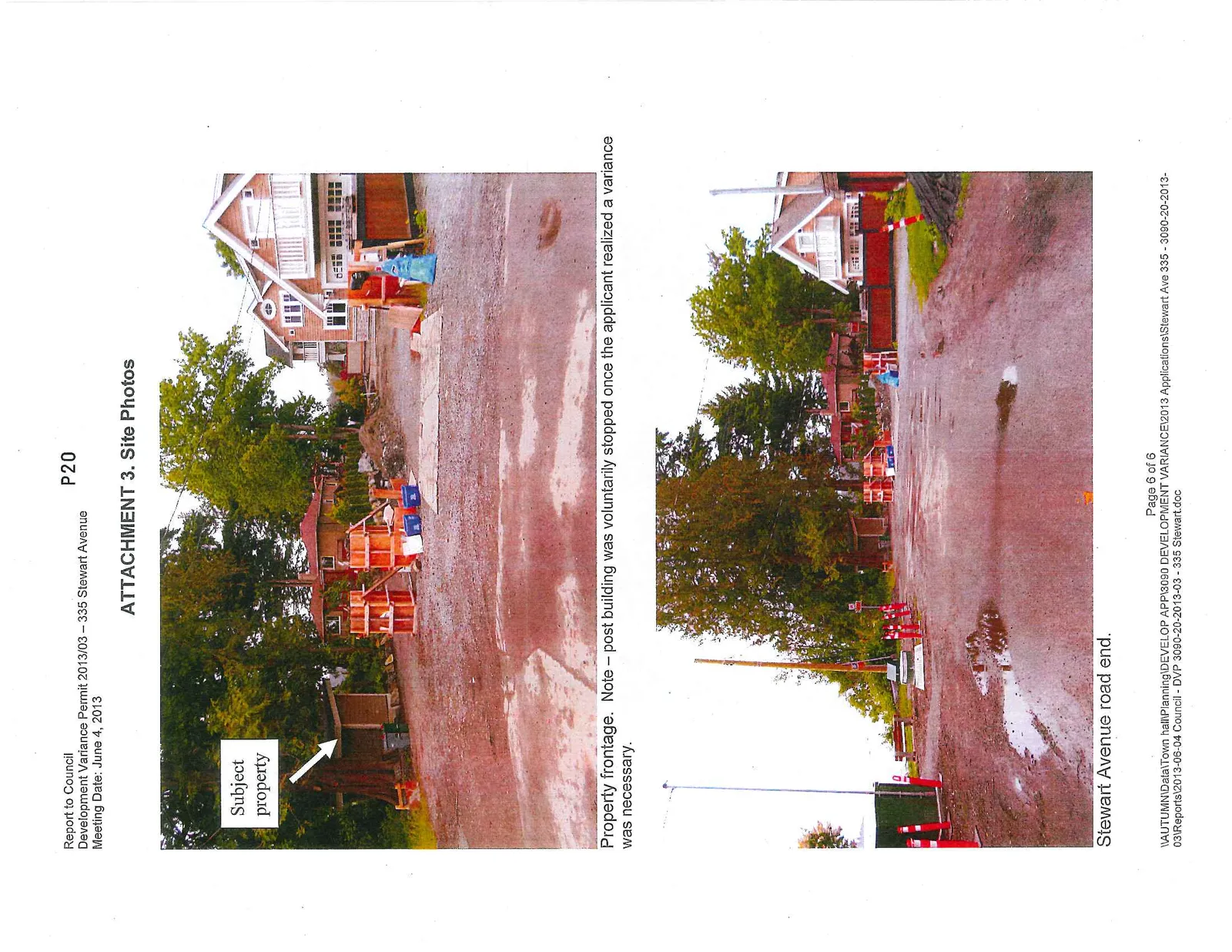 Photograph of the property frontage, with an arrow pointing to a small building labeled "Subject property" and construction materials in the foreground.