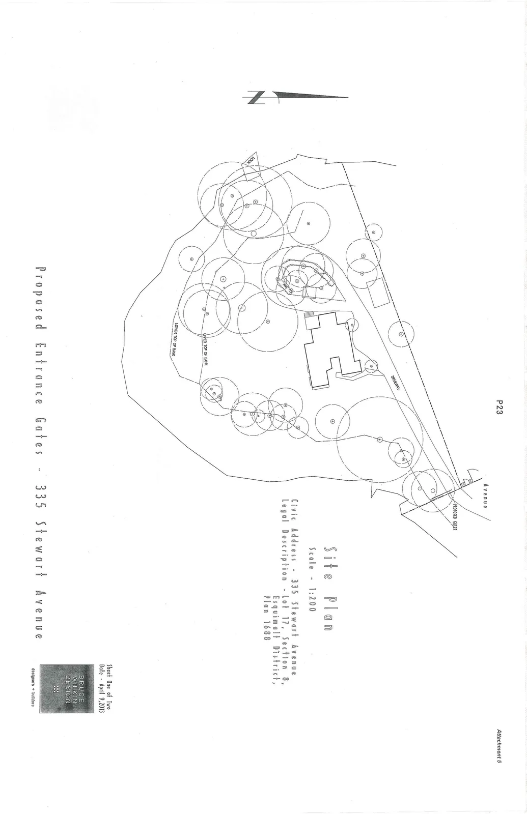 Site plan diagram for 335 Stewart Avenue showing the building footprint, driveway, proposed gates, trees, dock, and markers for the upper and lower top of the bank.