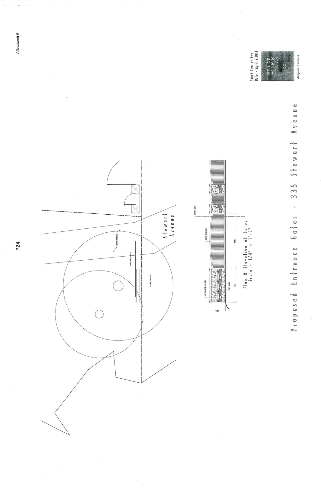 Plan and elevation architectural drawings for proposed entrance gates at 335 Stewart Avenue, illustrating site layout, gate mechanics, and material specifications.