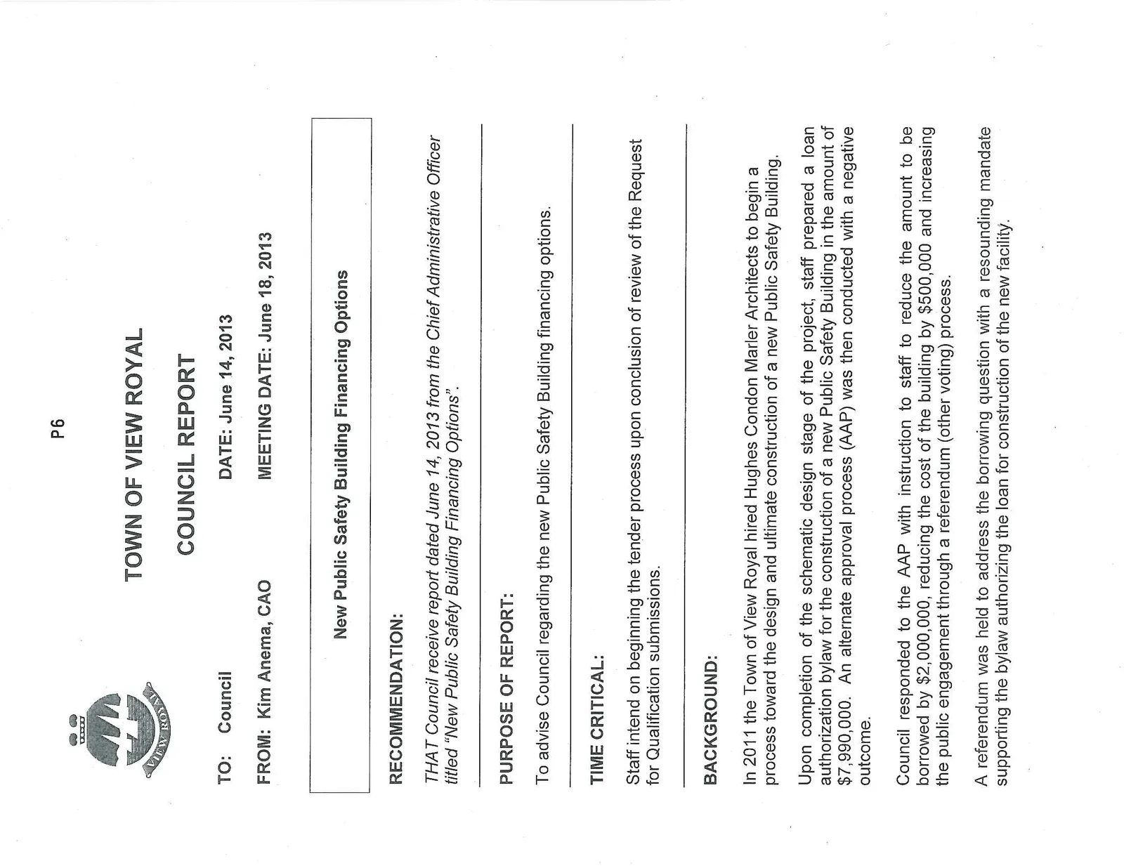 First page of Council Report regarding New Public Safety Building Financing Options