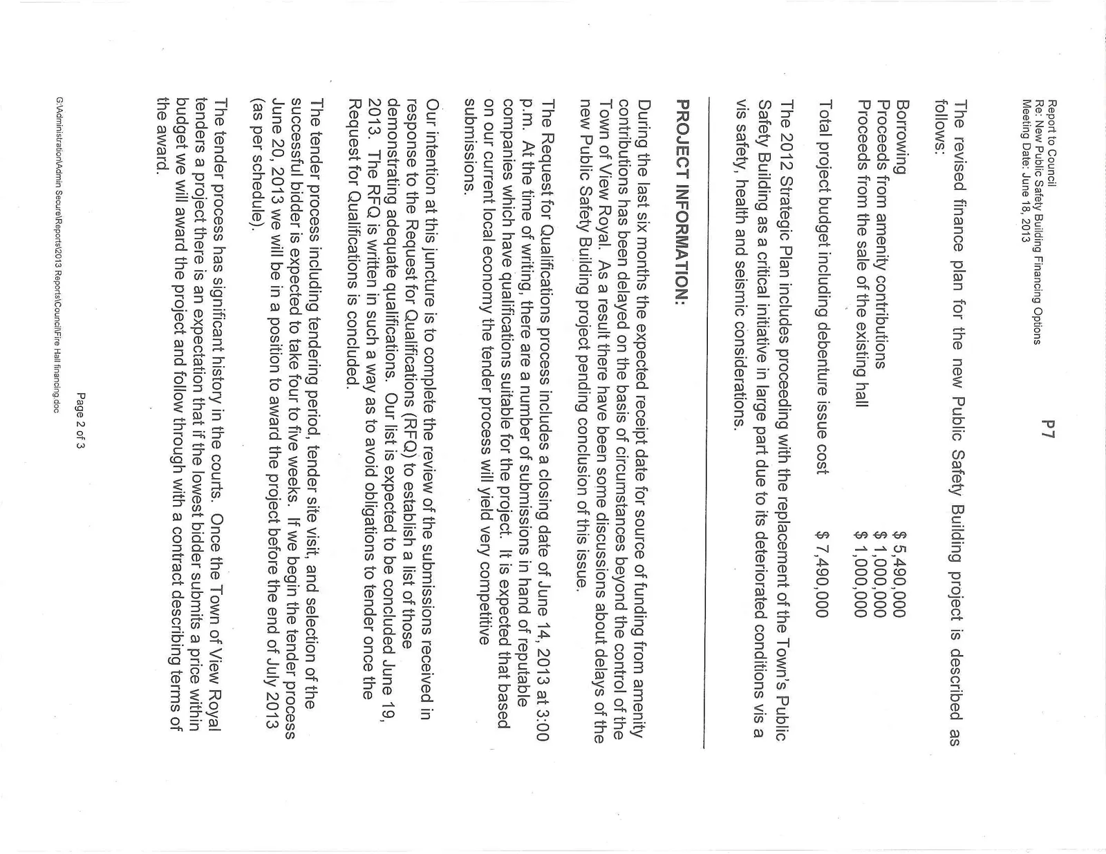Second page of Council Report detailing the revised finance plan and project information
