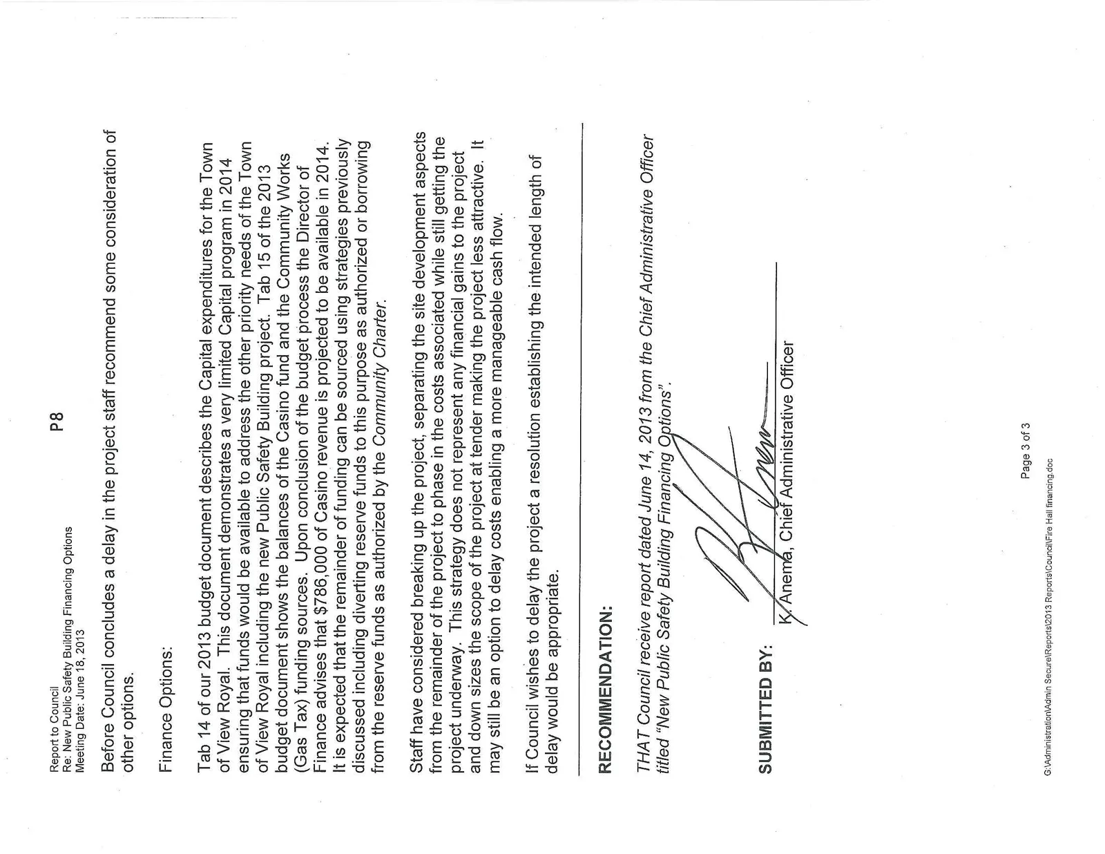 Third page of Council Report outlining finance options and final staff recommendation
