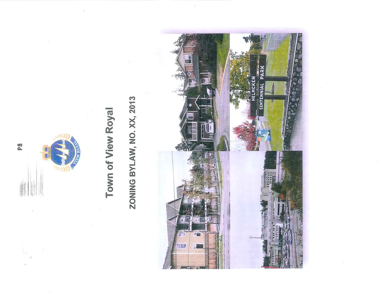 Collage of four photographs depicting multi-family residential buildings, single-detached residential streets, the Victoria General Hospital area, and the entrance sign for Helmcken Centennial Park