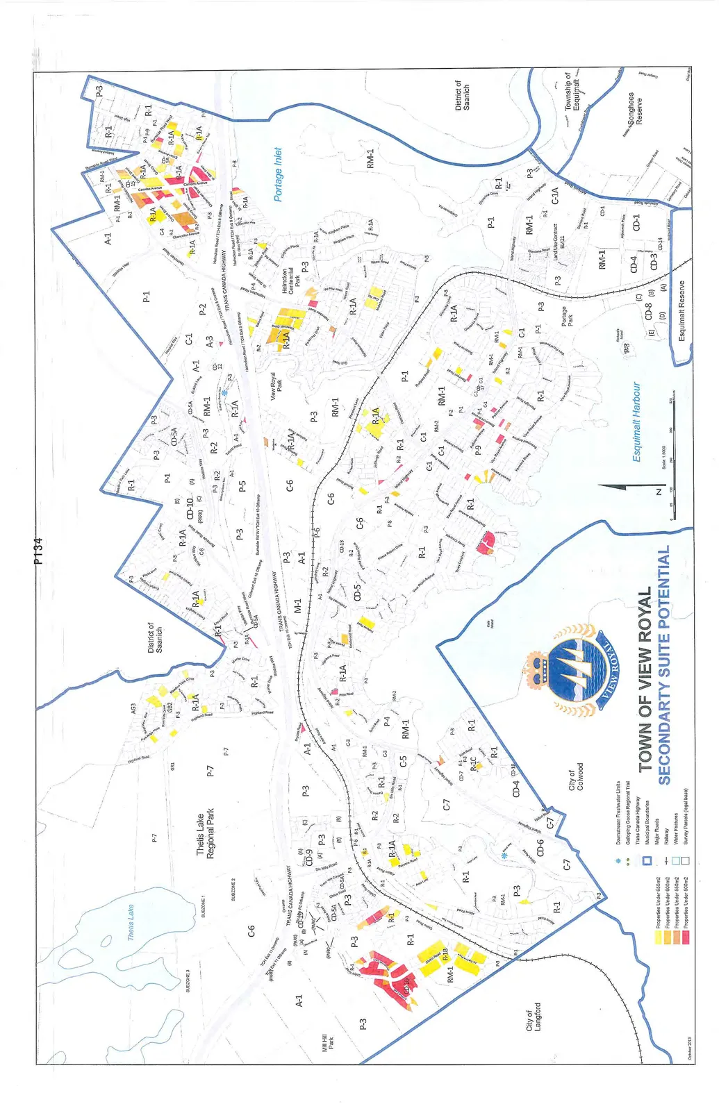 Map of the Town of View Royal showing zoning areas and property parcels highlighted by size to indicate secondary suite potential.