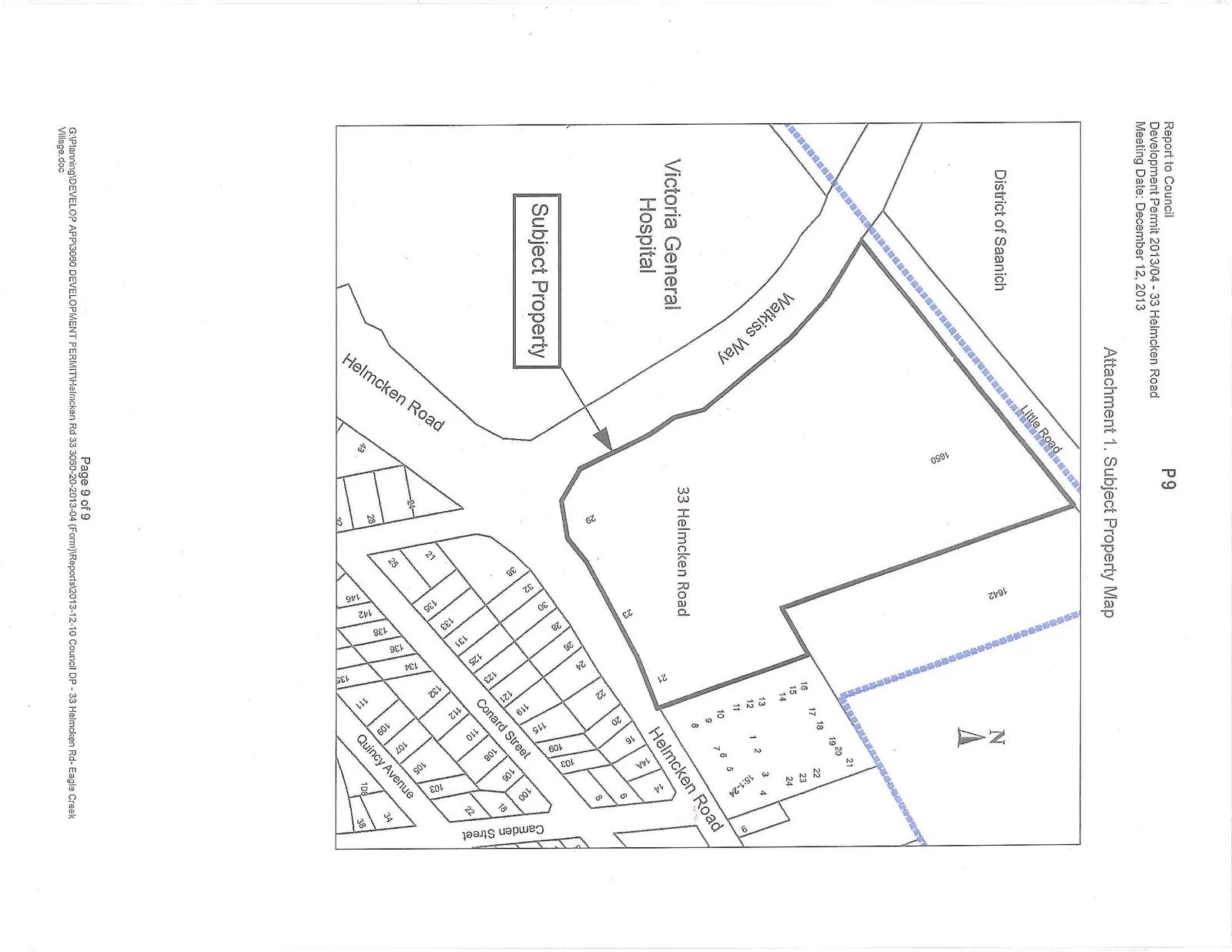 Subject Property Map identifying 33 Helmcken Road as the subject property, located east of the Victoria General Hospital and Watkiss Way, and south of Little Road and the District of Saanich. The map shows surrounding streets including Helmcken Road, Conard Street, Quincy Avenue, and Camden Street, along with numerous numbered land parcels.