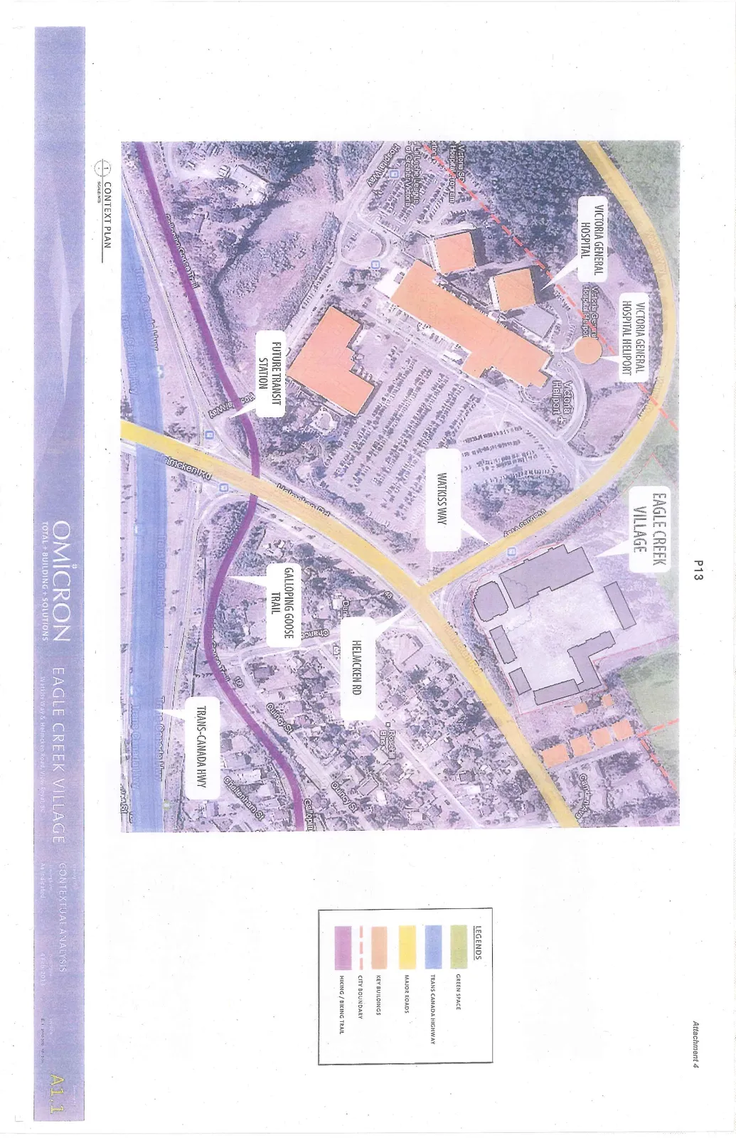 Aerial context map of Eagle Creek Village and surrounding area, showing proximity to Victoria General Hospital, major roads, and transit trails.