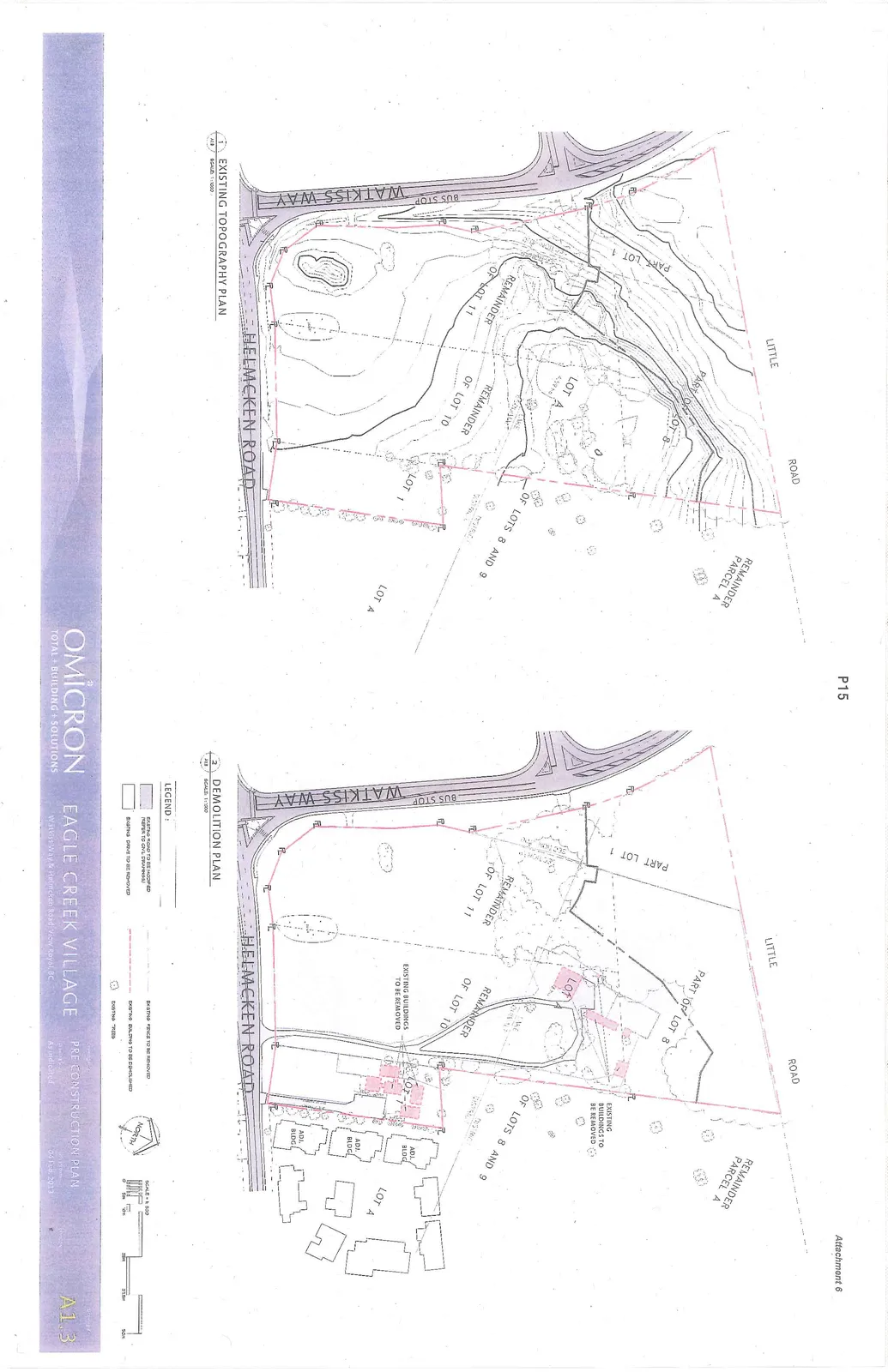 Two site plans for the Eagle Creek Village project, titled "Existing Topography Plan" and "Demolition Plan," showing lot boundaries, roads, and structures.