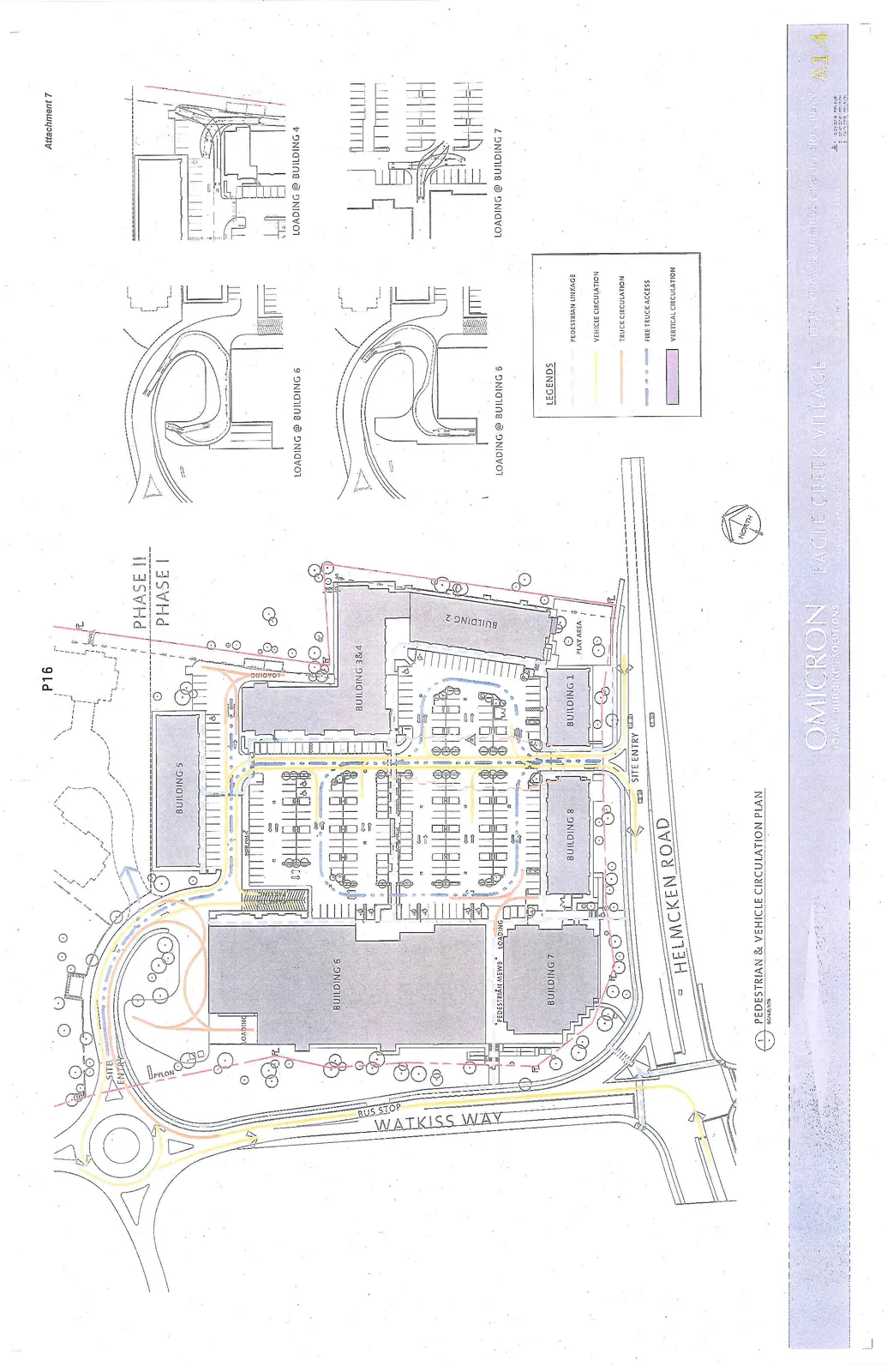 Main site plan titled "Pedestrian & Vehicle Circulation Plan" showing the layout of Buildings 1 through 8, internal parking, and access routes from Watkiss Way and Helmcken Road. The plan distinguishes between Phase I and Phase II developments.
