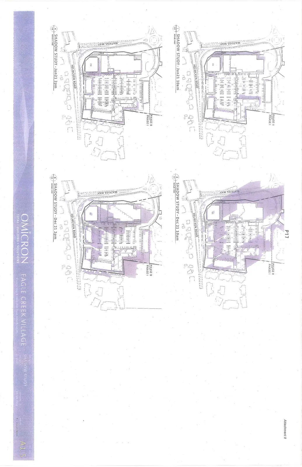 Four architectural diagrams showing shadow studies for Eagle Creek Village, detailing shadow coverage for Phase I and Phase II on June 21 and December 21 at 10:00 am and 2:00 pm.