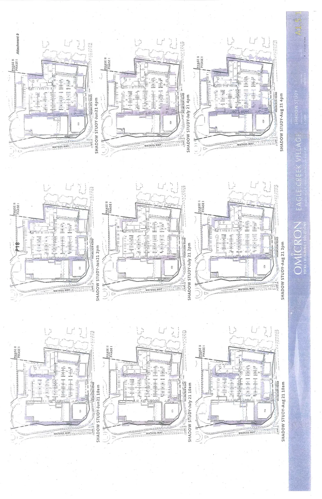 A grid of nine site plan diagrams showing shadow studies for Eagle Creek Village. The site plans illustrate buildings labeled "PHASE I" and "PHASE II" situated at the intersection of Watkiss Way and Helmcken Road. Each diagram shows the shadows cast at a specific date and time.