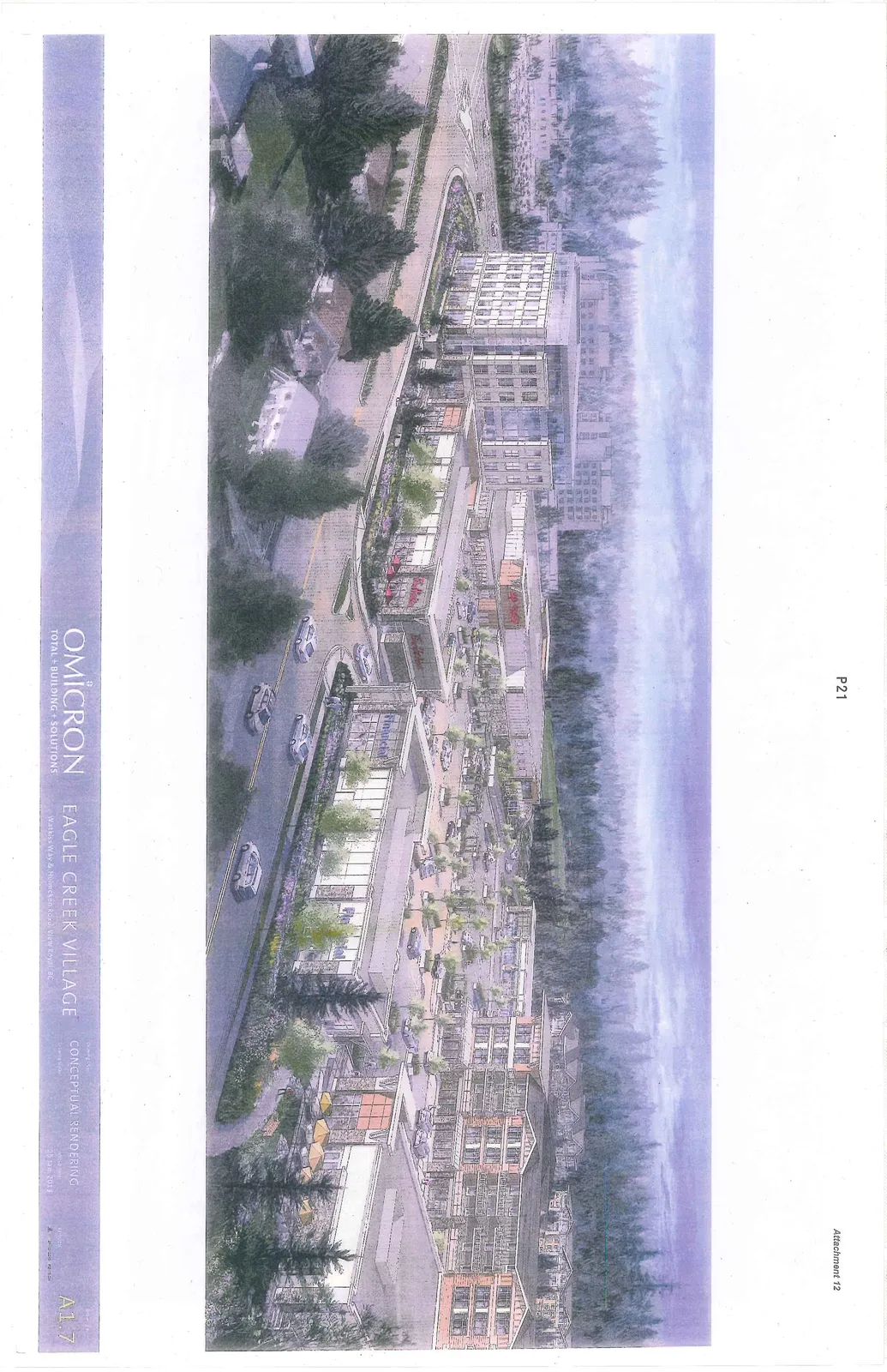 A conceptual rendering of the Eagle Creek Village development, featuring a mix of commercial and office buildings, parking areas, and residential structures surrounded by trees and landscaping.