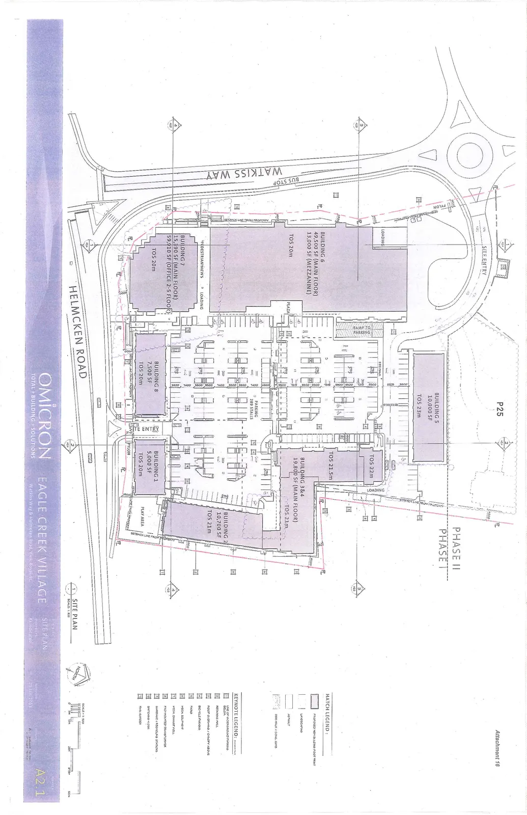 Site plan for Eagle Creek Village showing building footprints, site access from Watkiss Way and Helmcken Road, parking layout, and landscaping areas.