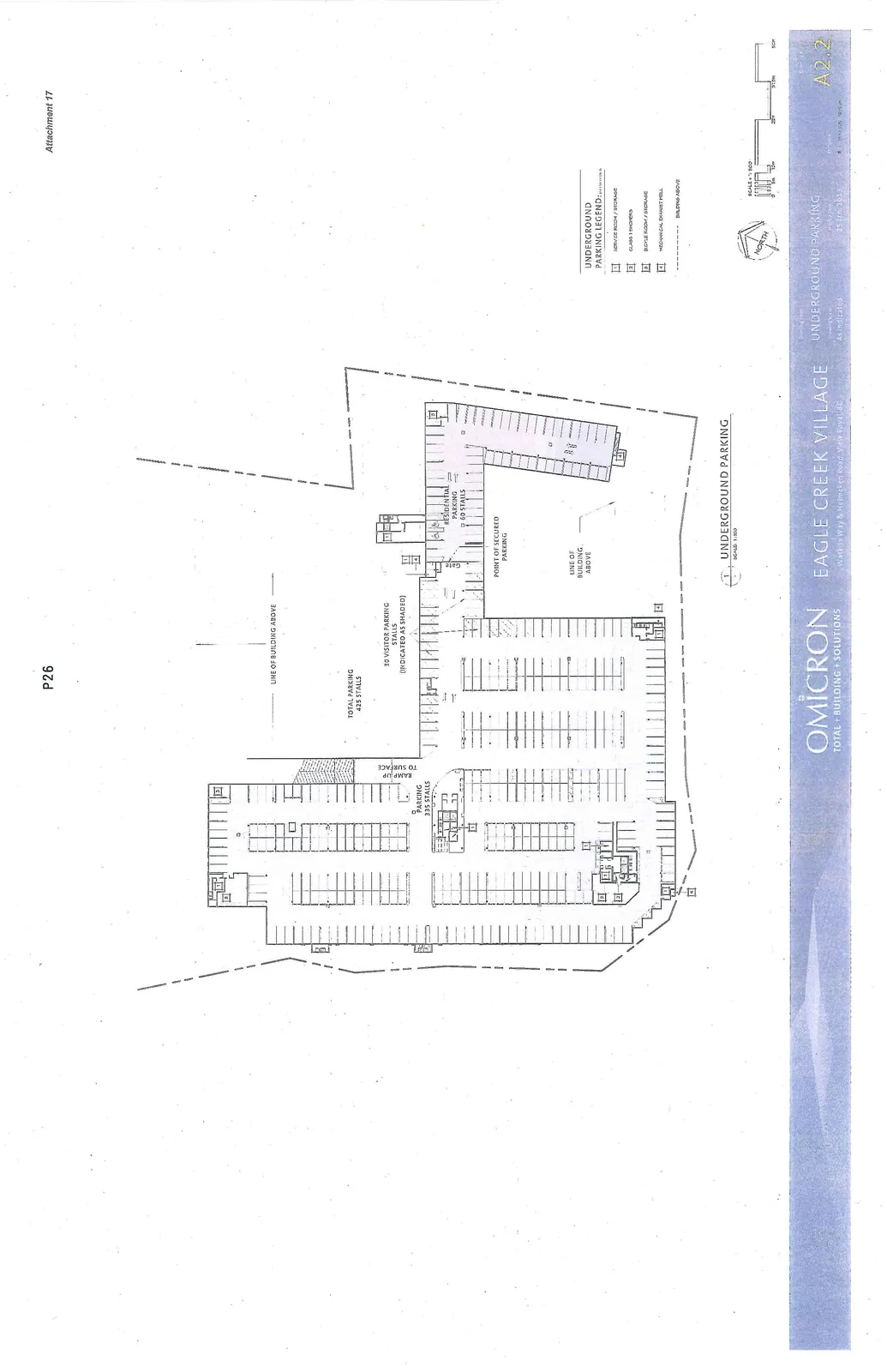 Architectural drawing of the underground parking level for Eagle Creek Village showing the layout of parking stalls, visitor parking, residential parking, and service areas.