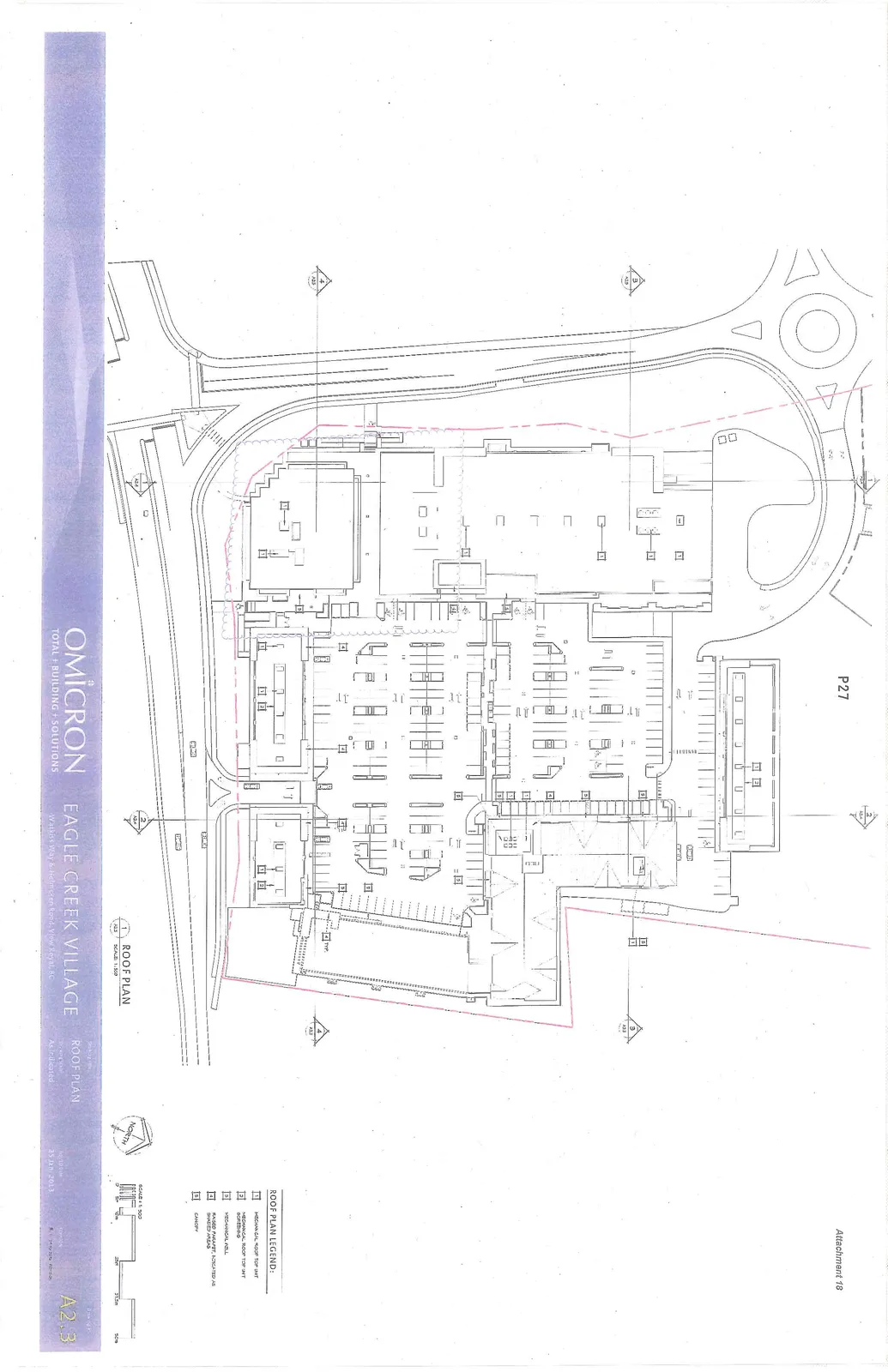 Architectural roof plan for the Eagle Creek Village development, illustrating building layouts, site access, parking areas, and surrounding infrastructure including a roundabout.