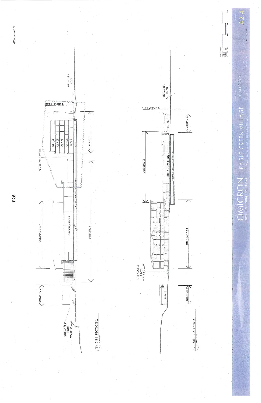 Architectural site sections for Eagle Creek Village showing building elevations, parking structures, and access routes from Watkiss Way and Helmcken Road.