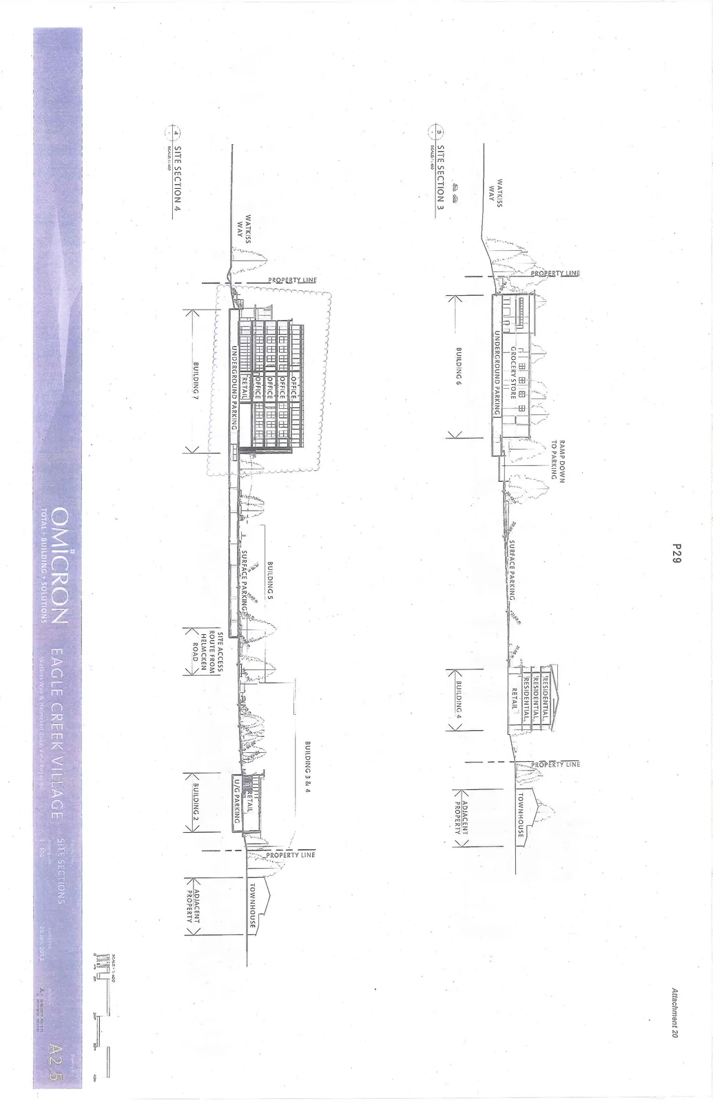Architectural site sections for Eagle Creek Village, showing building elevations, floor uses, parking structures, and site topography.